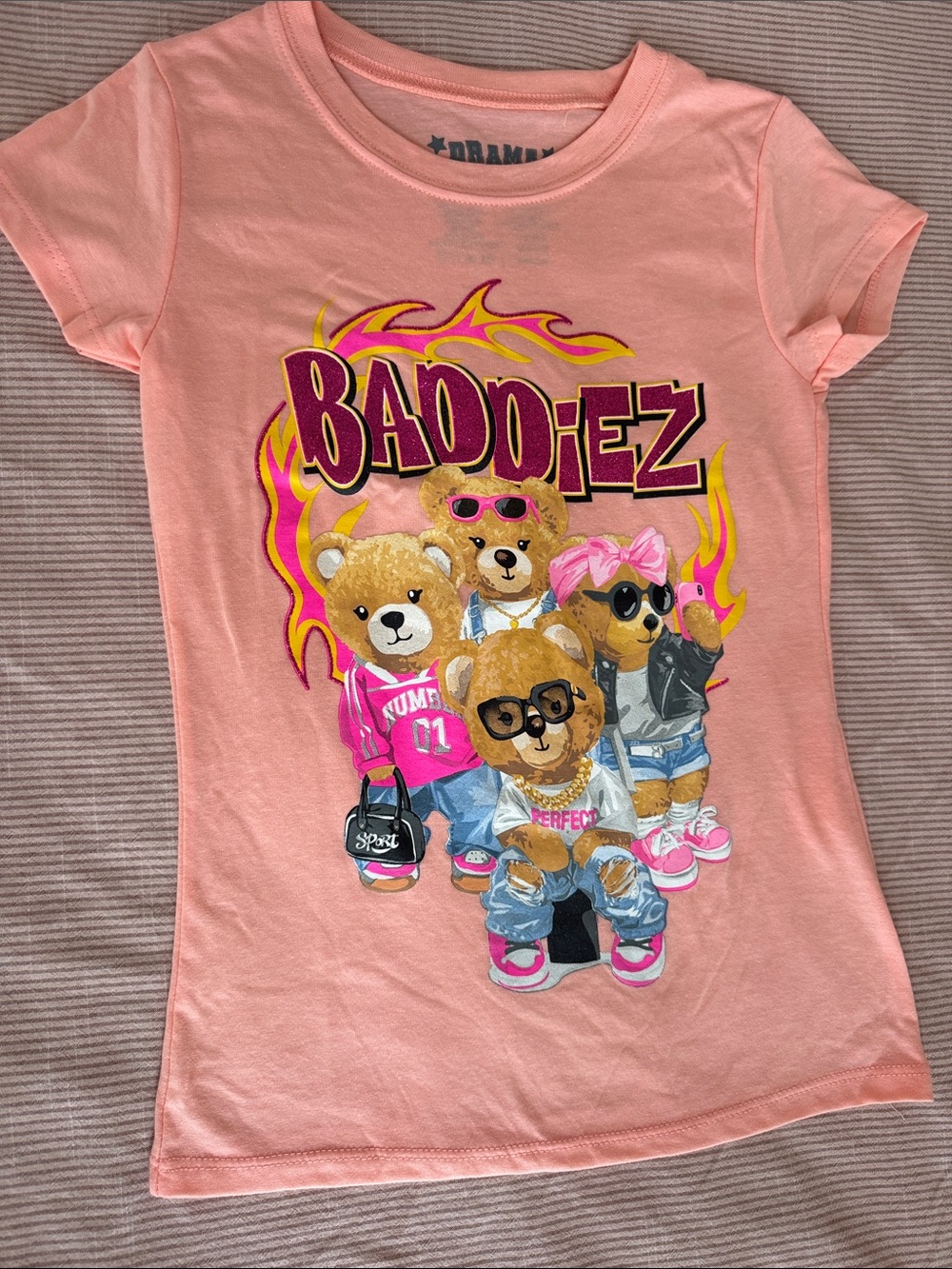 Kids' Pink 'Baddiez' Graphic Tee with Teddy Bear Print